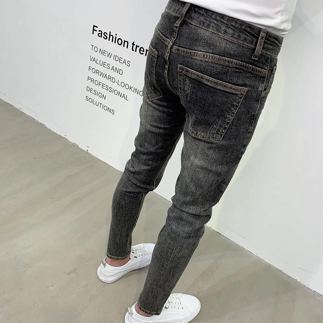 复古灰色牛仔裤男潮流水洗秋冬新款九分百搭显瘦修身韩版小脚长裤