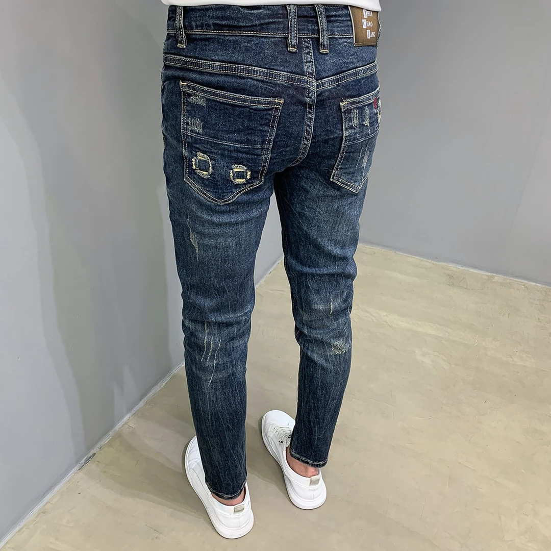 新款牛仔裤男潮牌蓝色百搭个性韩版猫爪修身小脚个性弹力长裤水洗