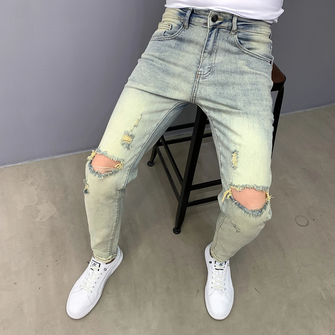 水洗做旧牛仔裤男潮流修身2025夏季膝盖破洞个性痞帅韩版小脚长裤