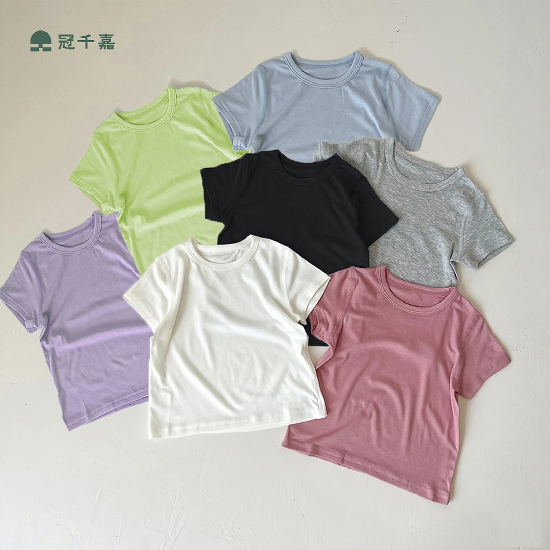 儿童夏季面膜t恤短袖莫代尔薄款男女宝宝修身圆领半袖糖果色上衣