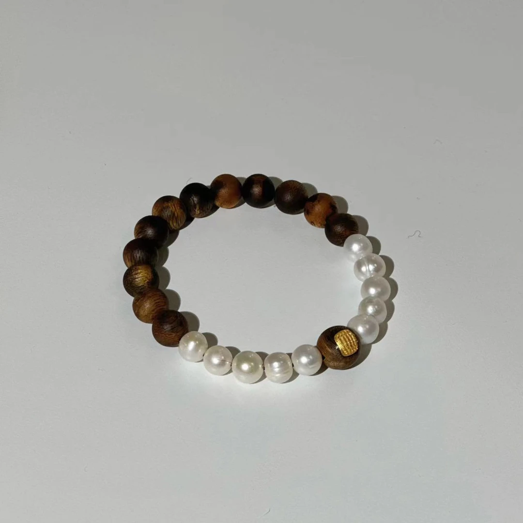 【见山】海南沉香莺歌绿棋楠0.8珍珠五条镶嵌单圈手串高结油