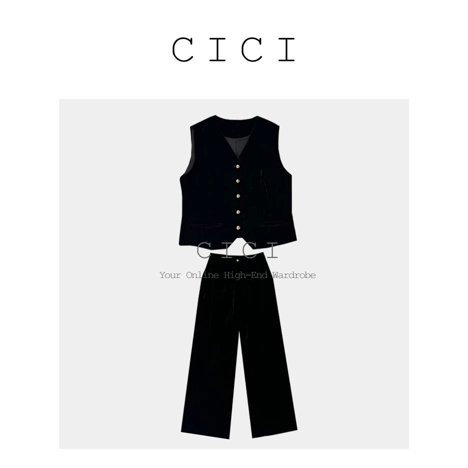 CiCi Studio2 进口丝绒 气质丝绒马甲直筒裤套装DYQQ-12089