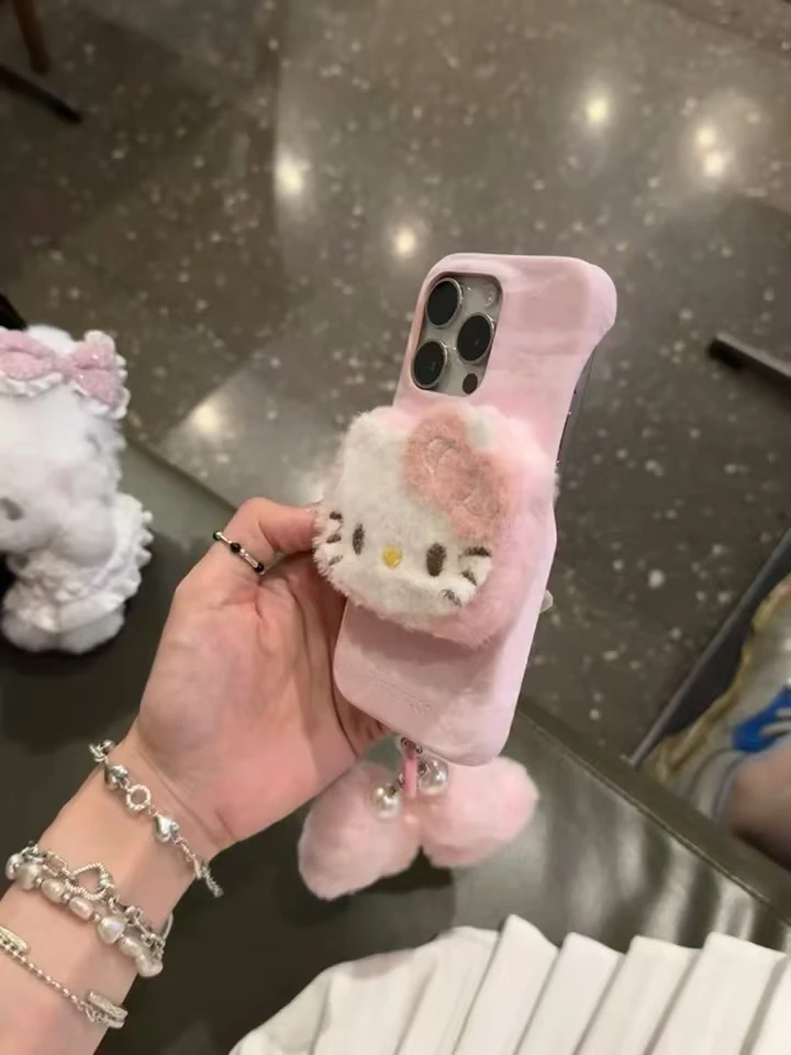 少女粉绸缎感毛绒kitty适用苹果16promax可爱15pro保护套14手机壳