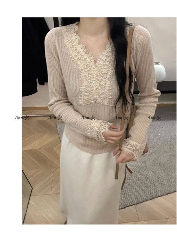 法式气质蕾丝拼接V领长袖针织衫修身显瘦上衣