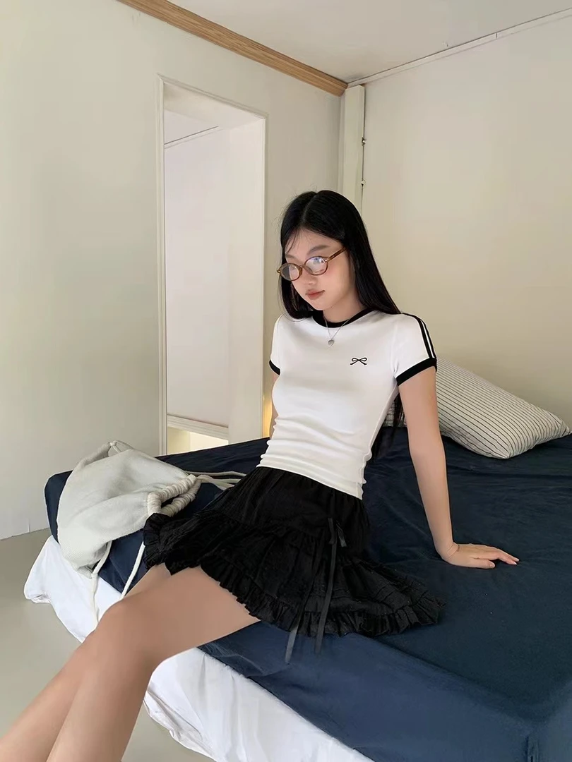 花子家 【美式设计】短袖t恤女夏季正肩白色设计感美式复古上衣H186