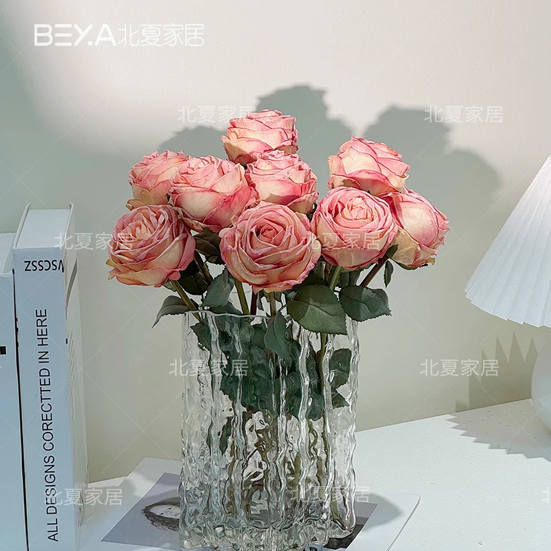 ins复古焦边小玫瑰仿真花多头仿假花家居客厅婚庆装饰花
