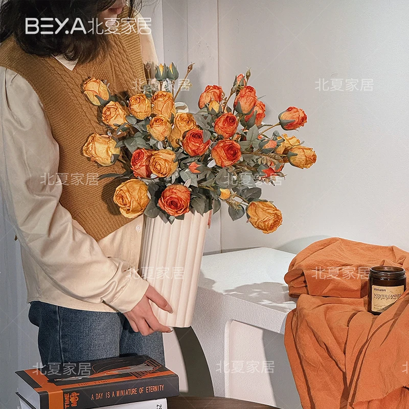 复古焦边花样年华仿真花花束软装客厅家居摆件瓶插花家居摆件