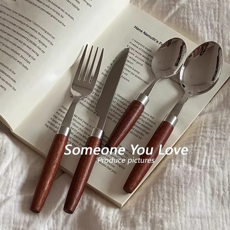 简约圆肚木不锈钢主餐勺西餐叉水果甜品叉牛排刀叉勺子套装ins风
