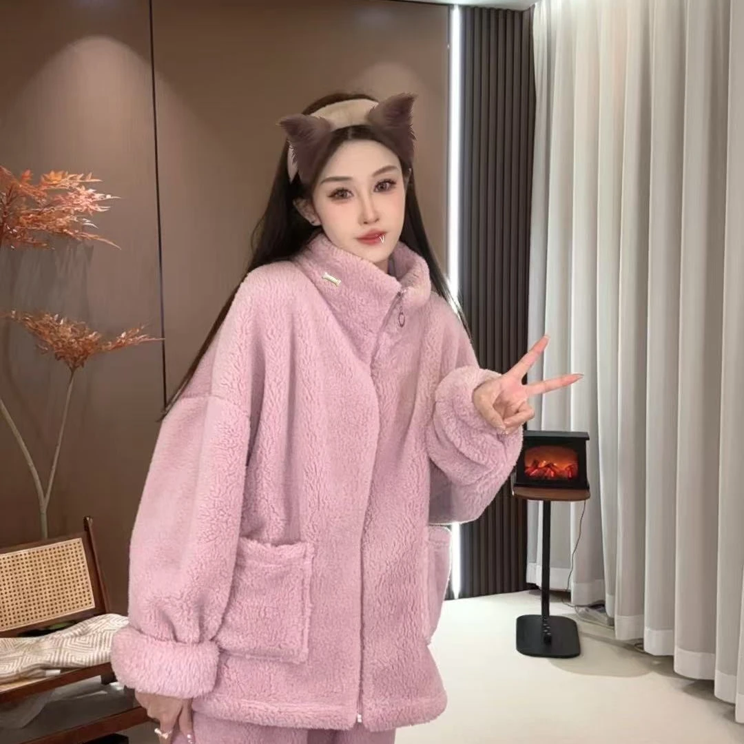 【加厚款】2024新秋冬立领纯色宽松两件套家居服套装女毛绒外穿睡衣