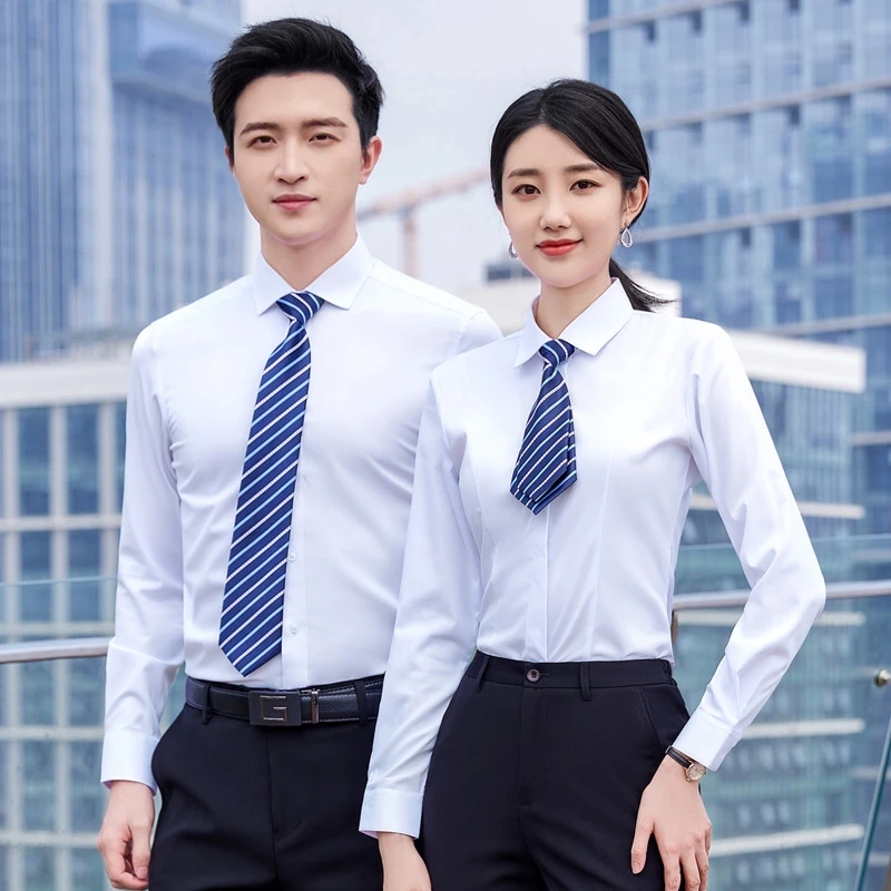 商务时尚男女同款条纹白色双片工作服领饰职业装配件短白色免打OL