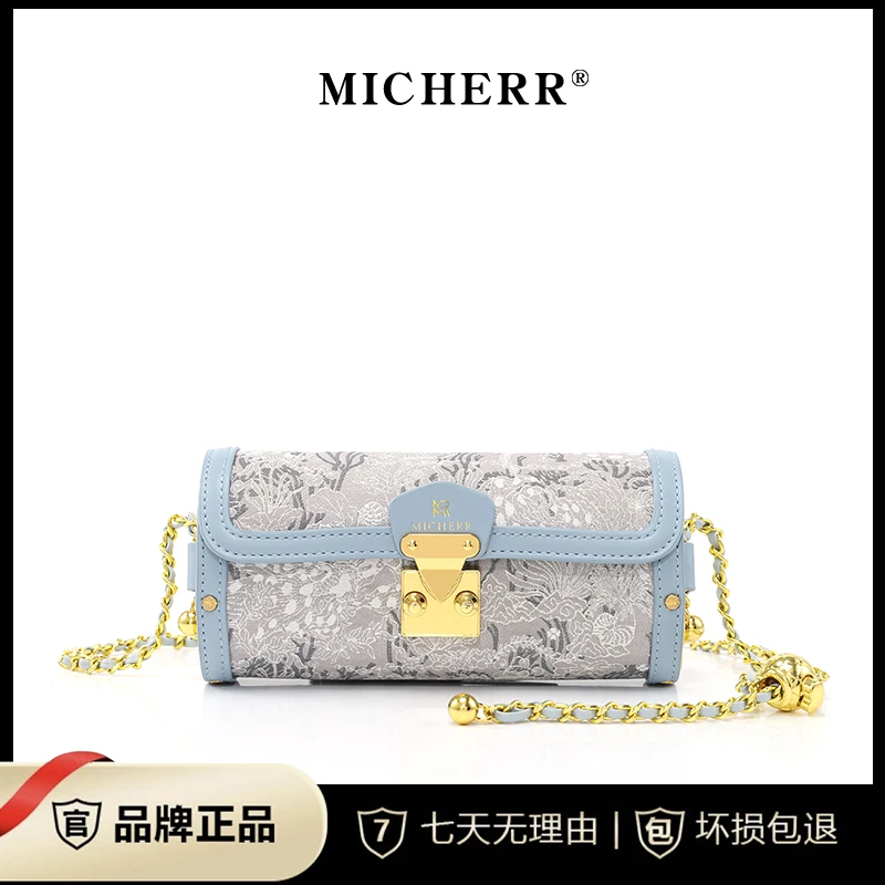 MICHERR/米榭尔刺绣巴比龙圆筒包女斜挎包单肩轻奢时尚138099蓝色
