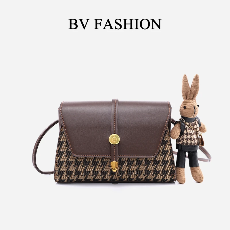 BV FASHION休闲格纹小方包时尚百搭女士斜挎包B23121217咖啡