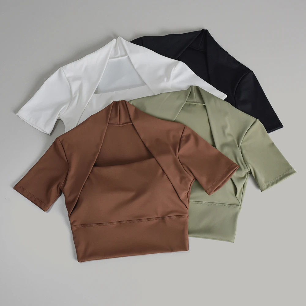 运动上衣女夏假两件带胸垫紧身短袖普拉提训练健身服瑜伽服套装