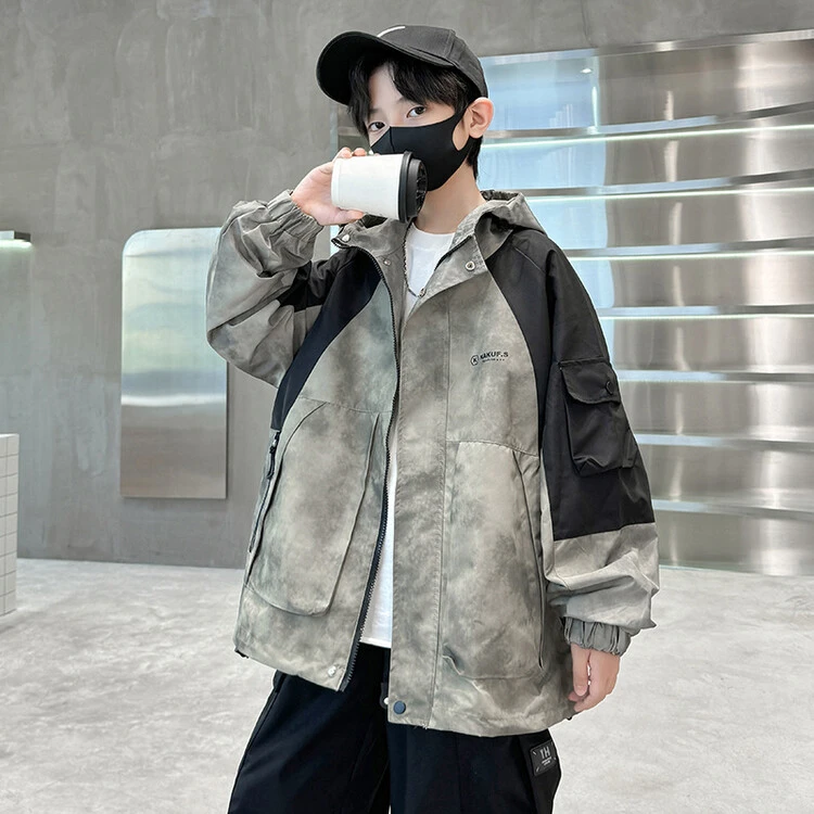 男童休闲外套2024新款春秋脏脏色上衣重工业风衣连帽流行男孩洋气