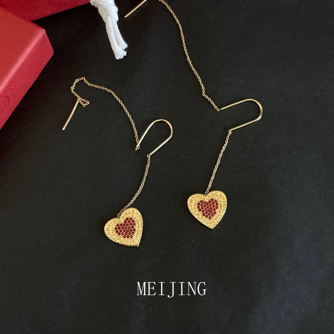 铜合金合成锆石耳饰 V铜合金耳环爱心镶锆红色耳环素款时尚百搭