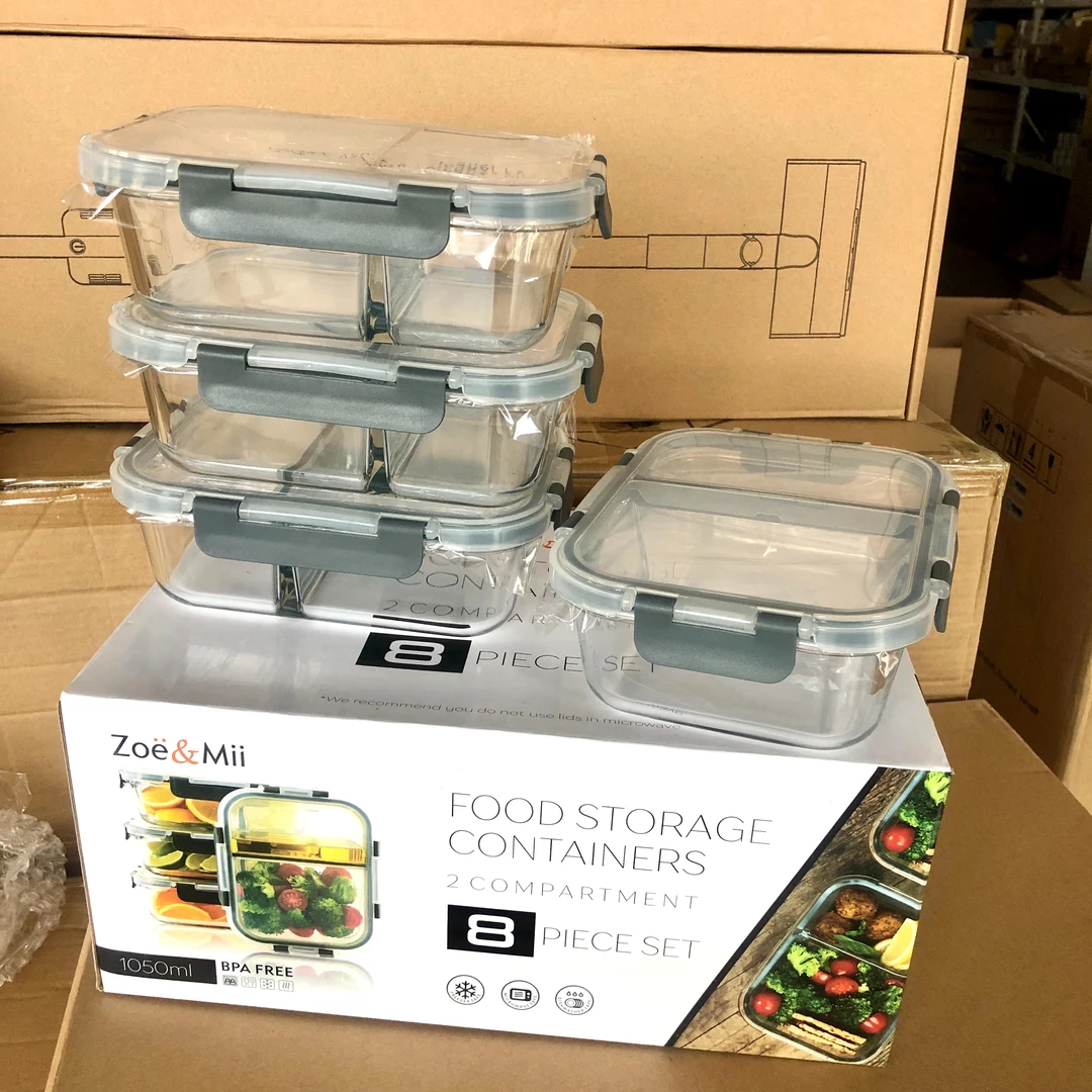 4件套！高透分格家用玻璃饭盒微波炉加热耐高温保鲜盒便当盒