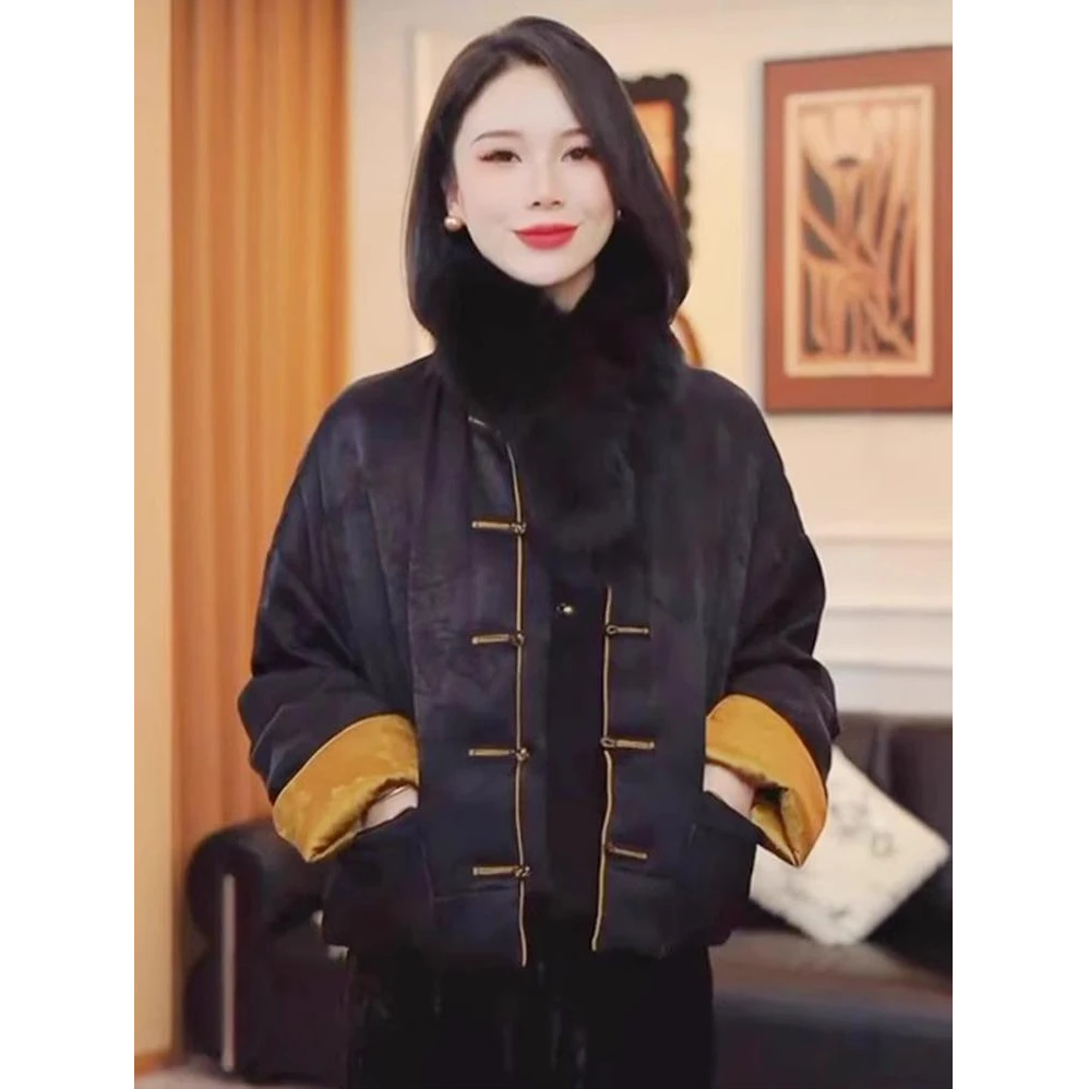 2024新款女装年服战袍新中式国风盘扣提花唐装撞色秋冬季棉服外套