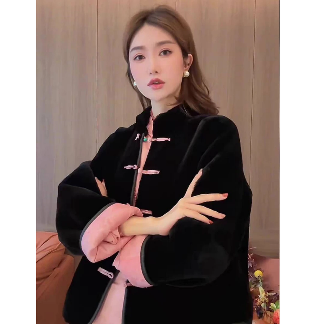 2024新款新中式国风双面穿唐装加绒加厚盘扣黑色丝绒棉服外套