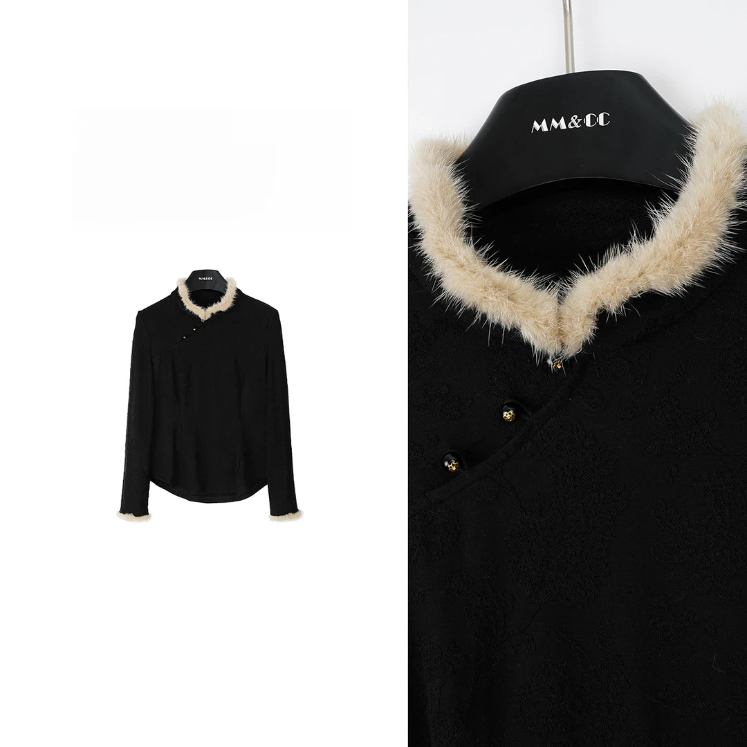 2024秋冬新款国风新中式黑色毛毛拼接打底衫女复古提花上衣