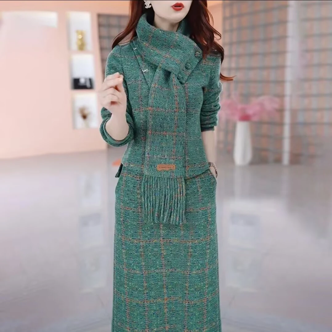 洋气气质针织围巾脖套秋冬新款修身显瘦百搭时尚三件套围巾裙套装