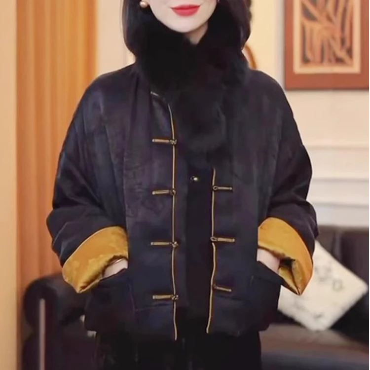 新中式国风盘扣提花唐装撞色秋冬季棉服外套2024新款女装年服战袍