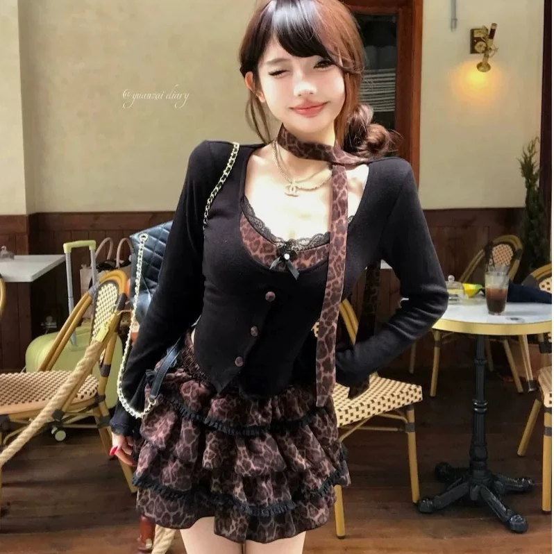 美式复古蕾丝拼接长袖针织衫女秋冬辣妹套装豹纹蛋糕半身裙两件套