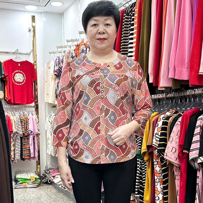 2024秋季七分袖妈妈装T恤圆领小衫薄奶奶中老年女装大码弹力上衣