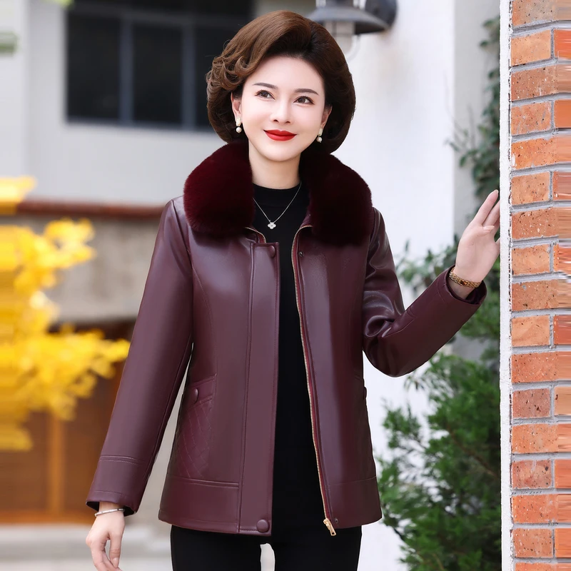 723款中老年妈妈装奶奶装加绒加厚毛领秋冬款时尚拉链款皮衣