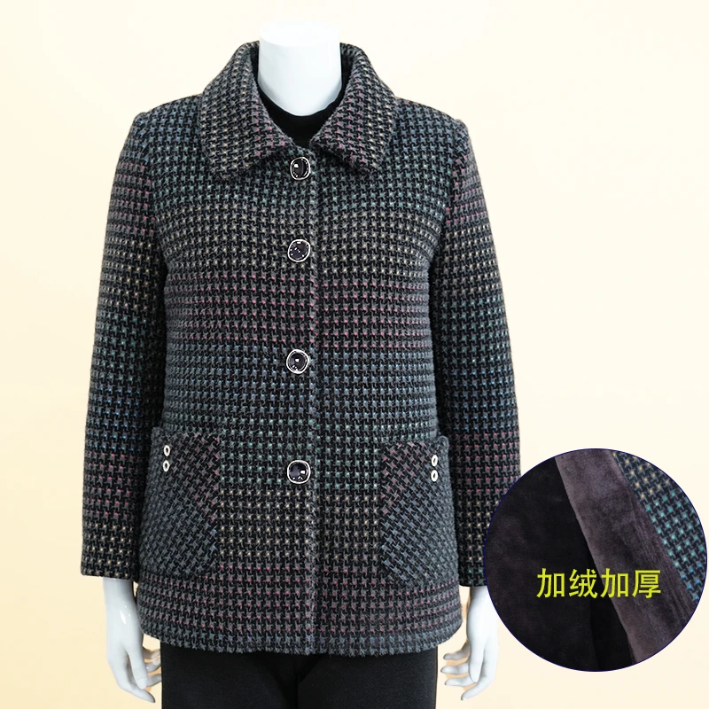 02款中老年妈妈新款小格子秋冬加绒加厚外套时尚休闲老人奶奶女装