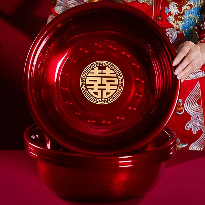 婚房布置一对红盆子结婚喜盆女方陪嫁洗脸盆婚礼新娘嫁妆一对红盆