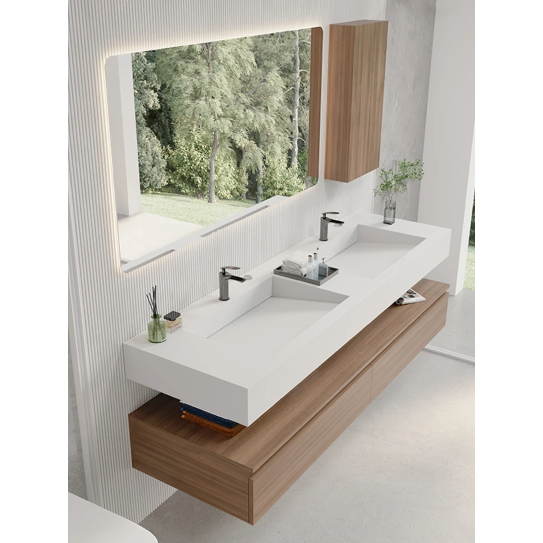 胡桃木色岩板一体浴室柜组合实木轻奢双盆洗手池卫生间洗漱台盆柜