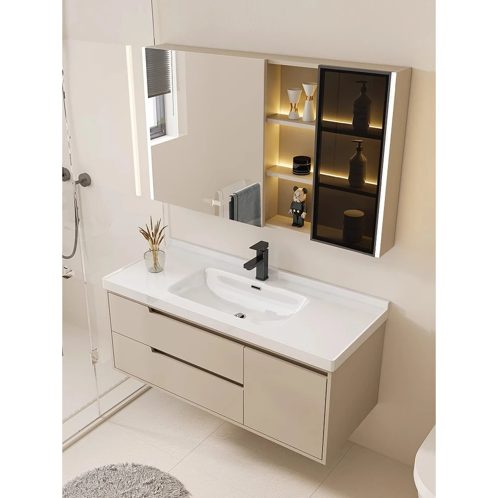 新款奶油风智能浴室柜陶瓷一体盆组合洗手池洗脸盆柜洗漱台卫生间