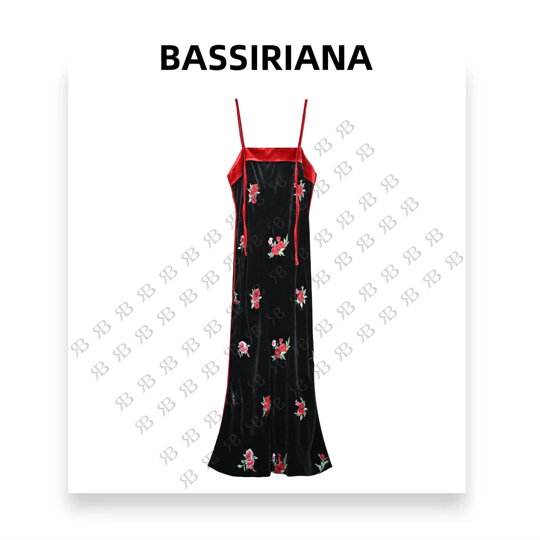 【BASSINIANA】时尚纯色丝绒无袖吊带裙优雅修身气质设计师 211482