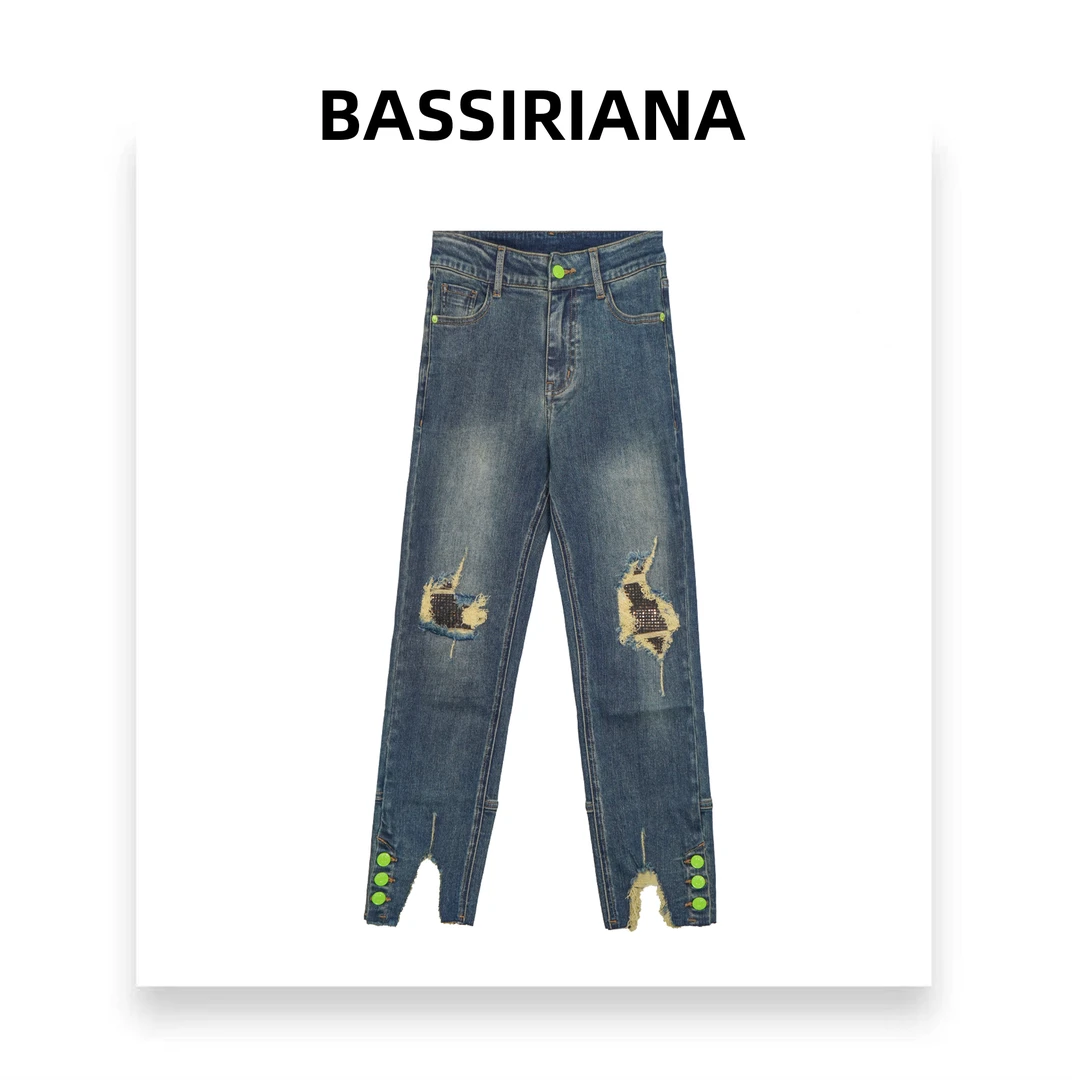 【BASSINIANA】休微喇闲中腰设计师款潮牌个性磨旧破洞牛仔裤211072