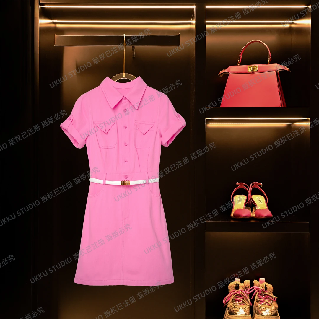 秀秀【UKKU STUDIO】小众设计感粉色扣袖轻奢潮衬衫牛仔裙311963