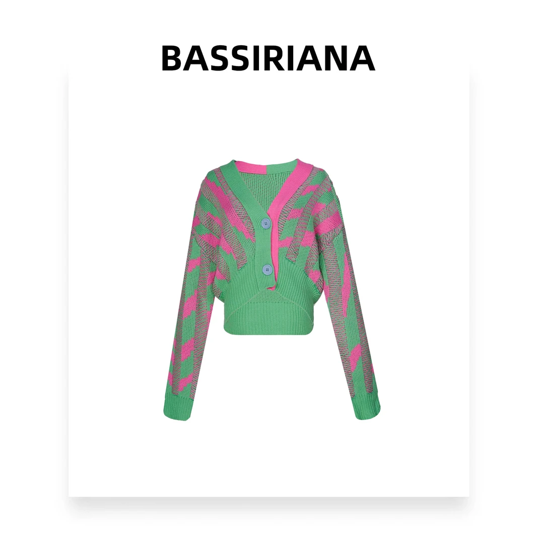 康妮【UKKUSTUDIO】时尚设计师撞色网红秋冬针织长袖开衫毛衣211085