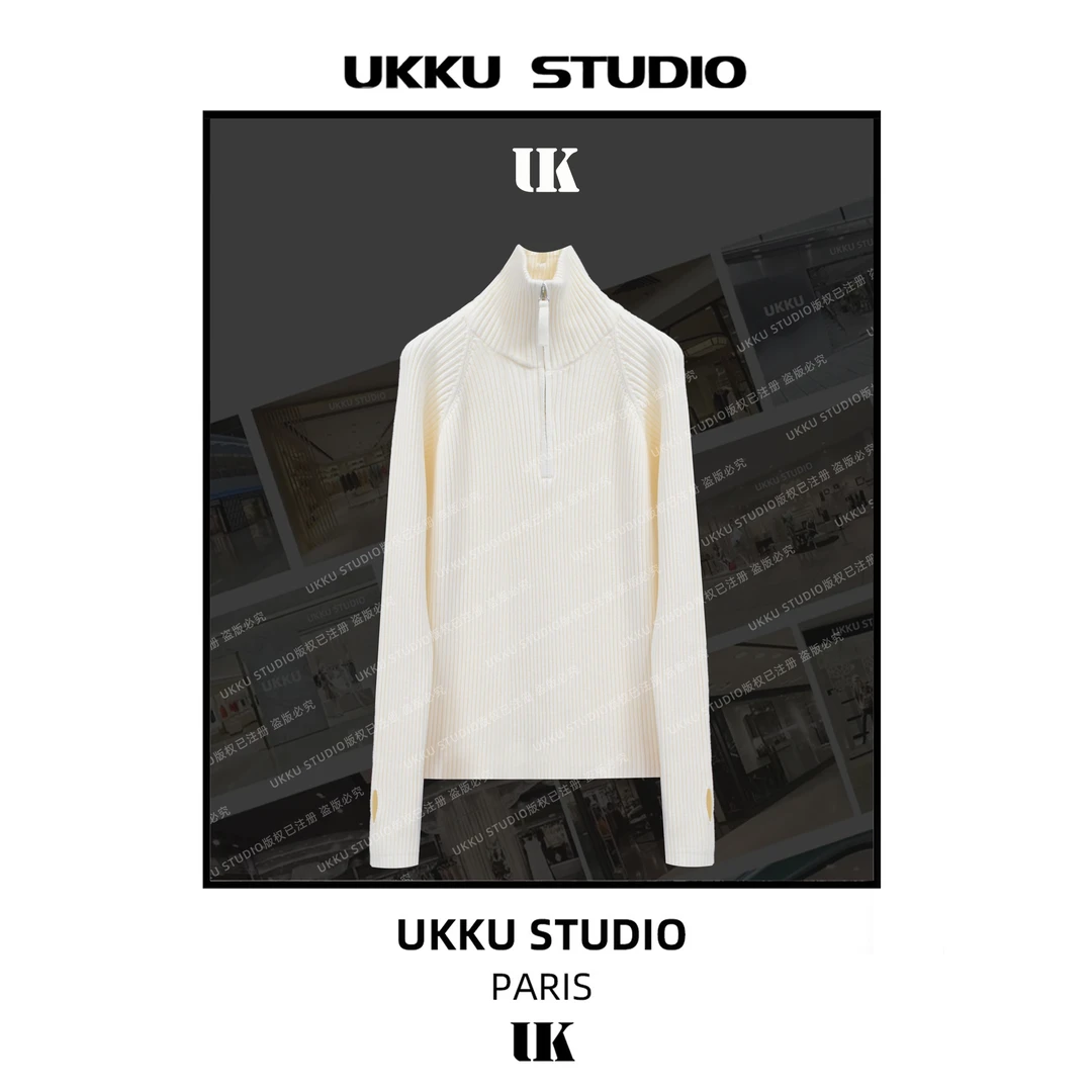 LILI【UKKUSTUDIO】秋冬轻奢高领针织衫百搭套头白色拉链毛衣613126