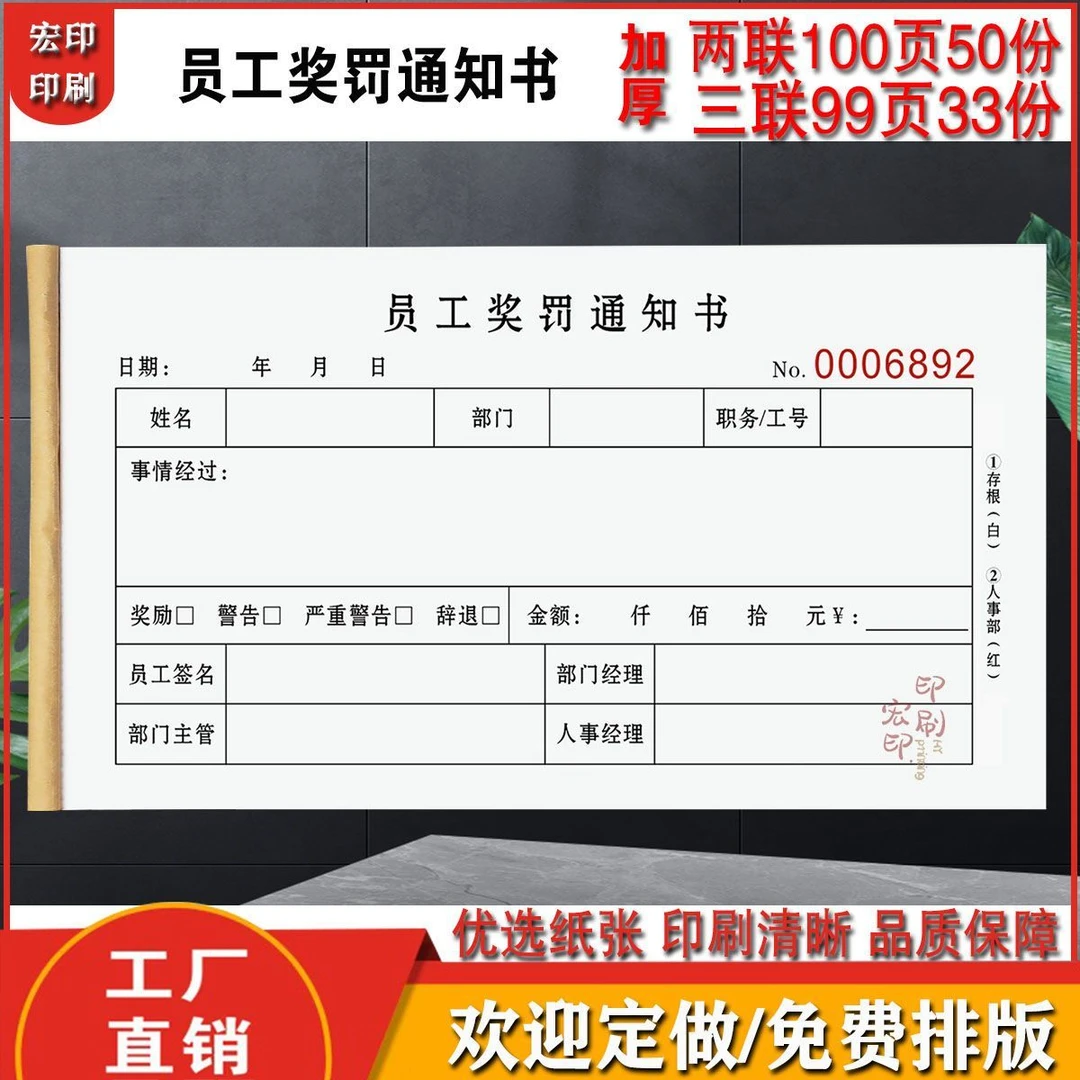 公司员工奖罚通知单处罚单酒店罚款单奖罚质量罚扣款清单报销单据