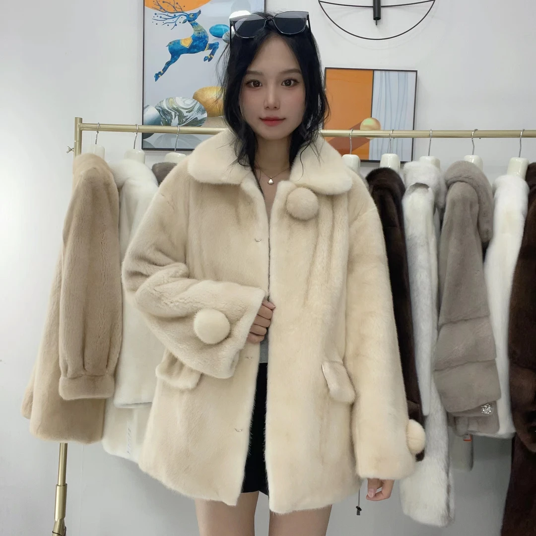 水貂皮大衣女中长款翻领雪球款整貂皮草外套