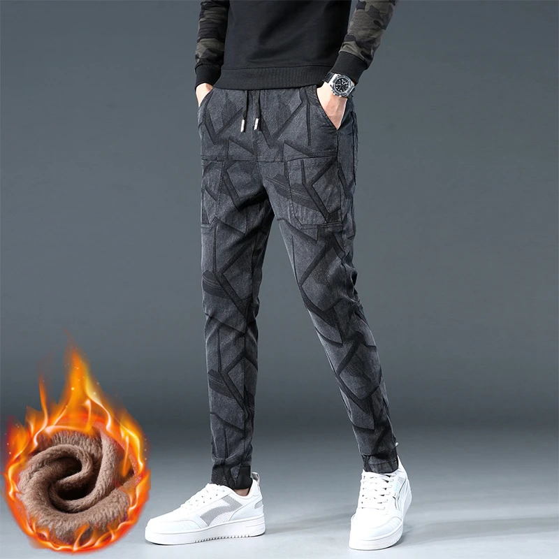 【加绒/不加绒可选】秋冬新款男士牛仔裤加绒加厚提花多口袋长裤