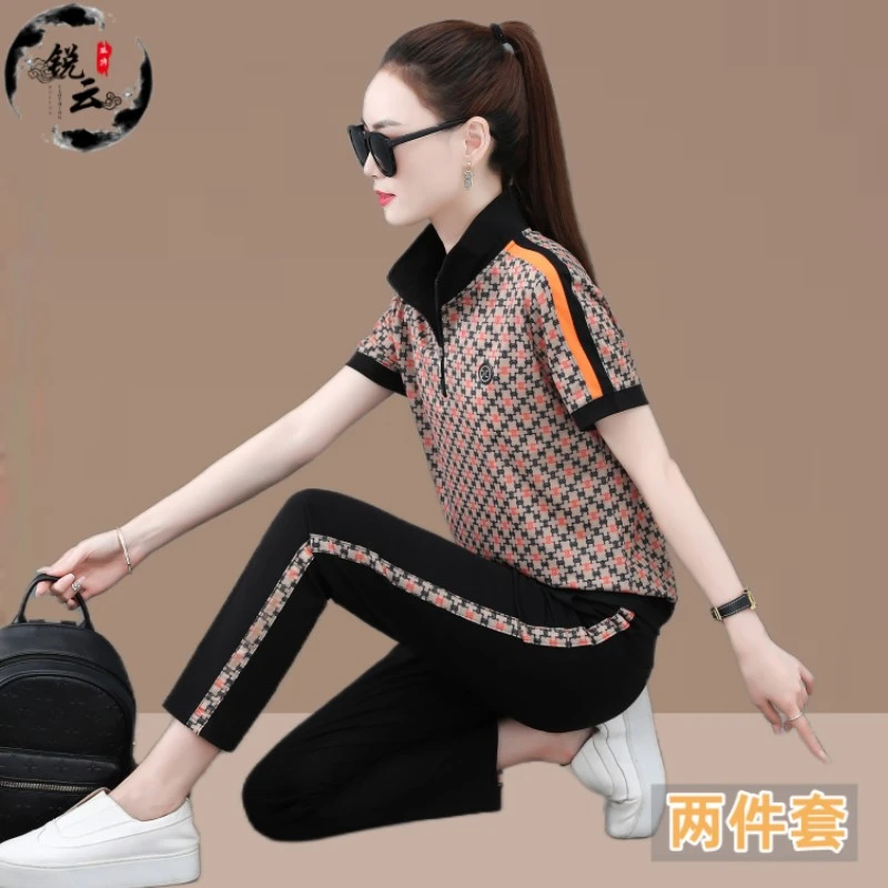立领短袖休闲运动服套装女夏季2024年薄款印花减龄时尚显瘦两件套