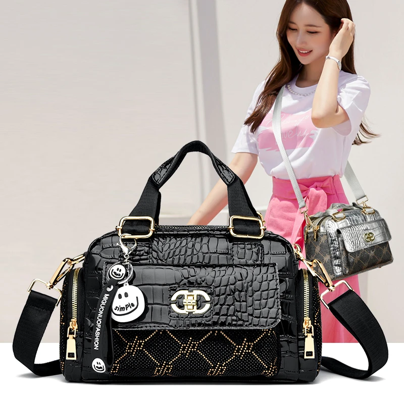 网红休闲时尚洋气百搭女士通用牛皮大容量手提单肩斜挎女包鳄鱼纹