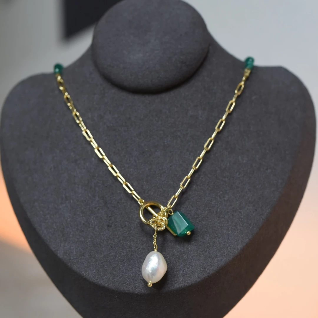 铜合金项链 同心锁项链绿色颈链锁骨链时尚简约气质项坠爱觅