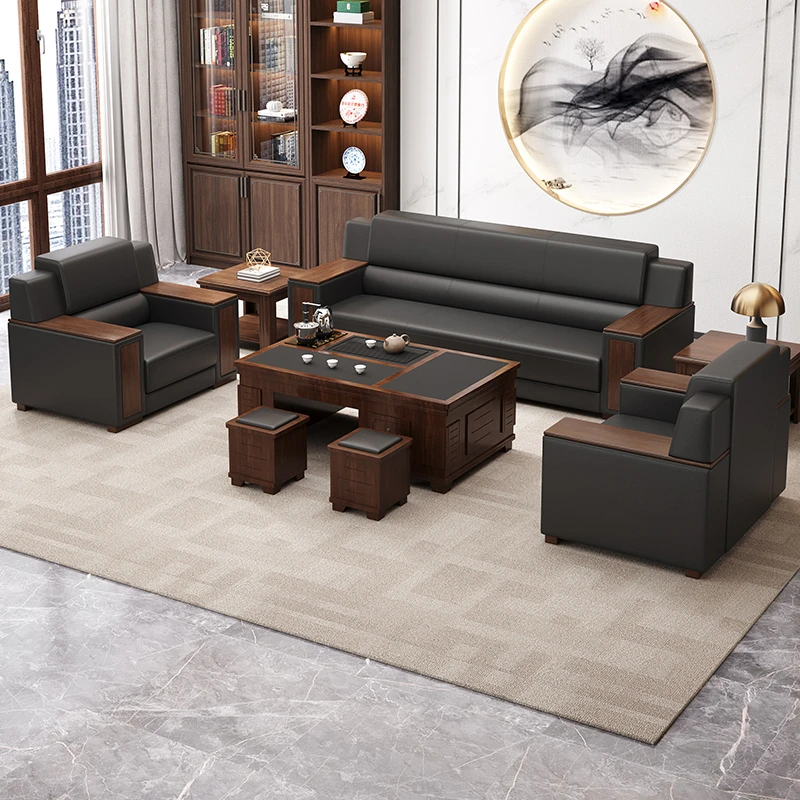 办公室沙发新中式商务会客接待治谈真皮简约现代办公沙发茶几组合
