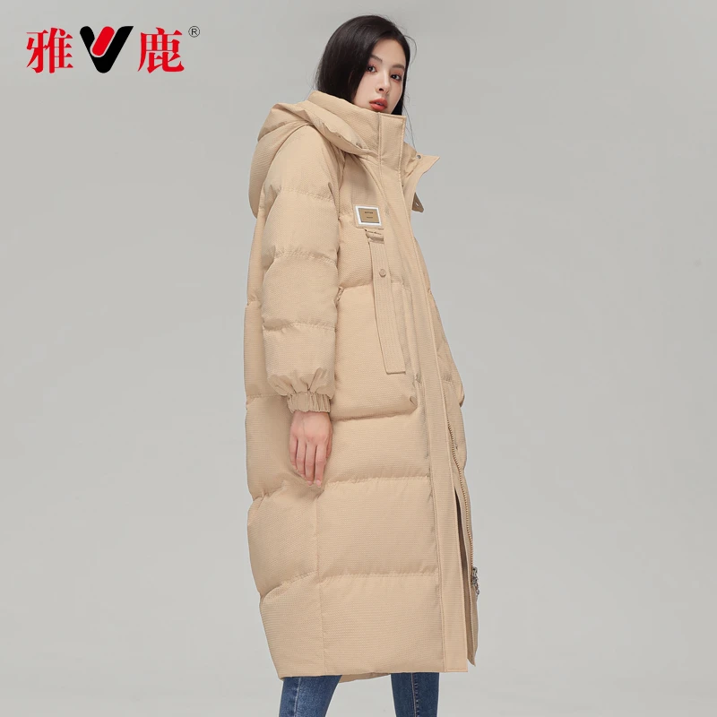 雅鹿品牌羽绒服2023年冬装新款时尚韩版宽松款过膝保暖女士外套潮