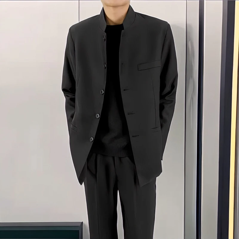 国潮新中式休闲青年装纯色中山装男士痞帅高级感西装立领垫肩外套