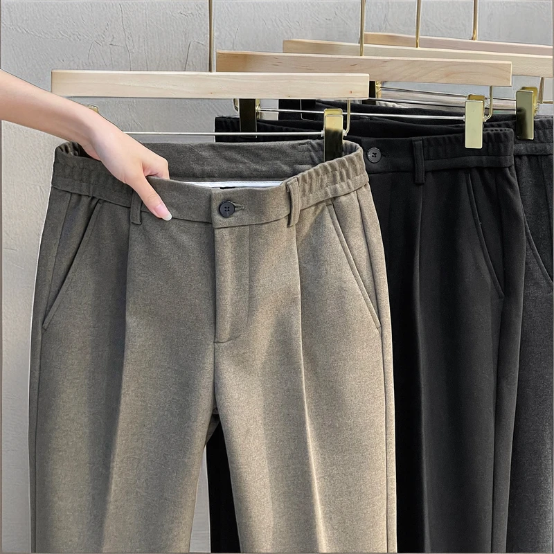 磨毛西装男裤秋冬季新款加绒小西裤宽松直筒休闲裤毛呢长裤子男士