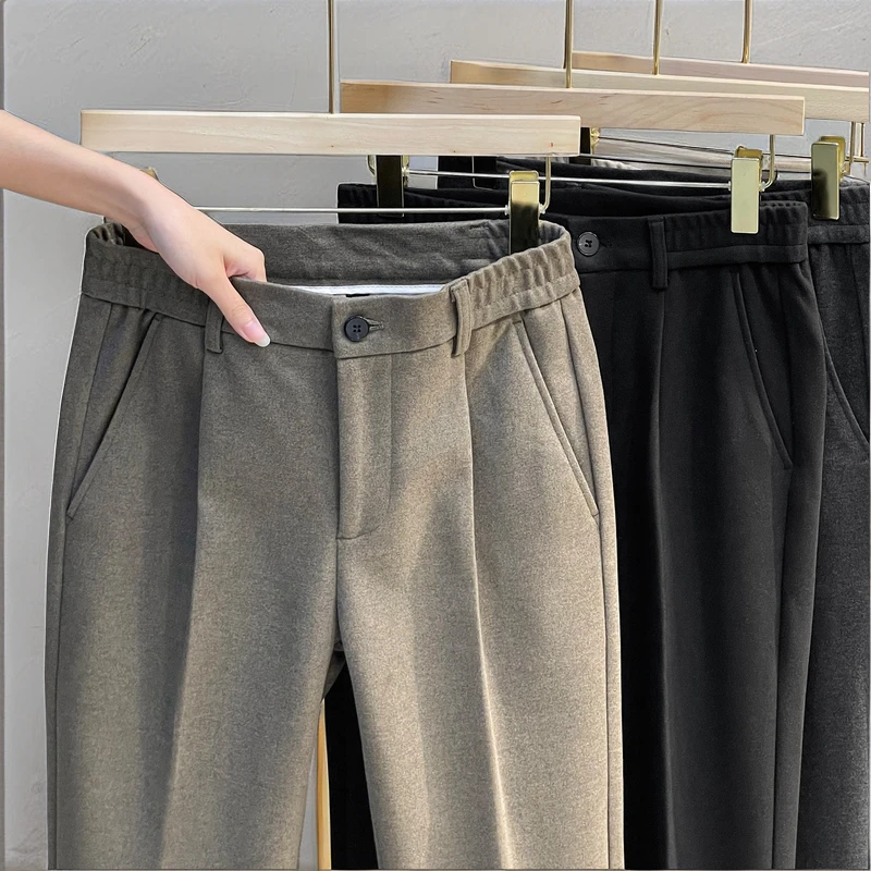 秋冬季毛呢西裤男磨毛加厚保暖九分休闲裤修身直筒半松紧腰高级感