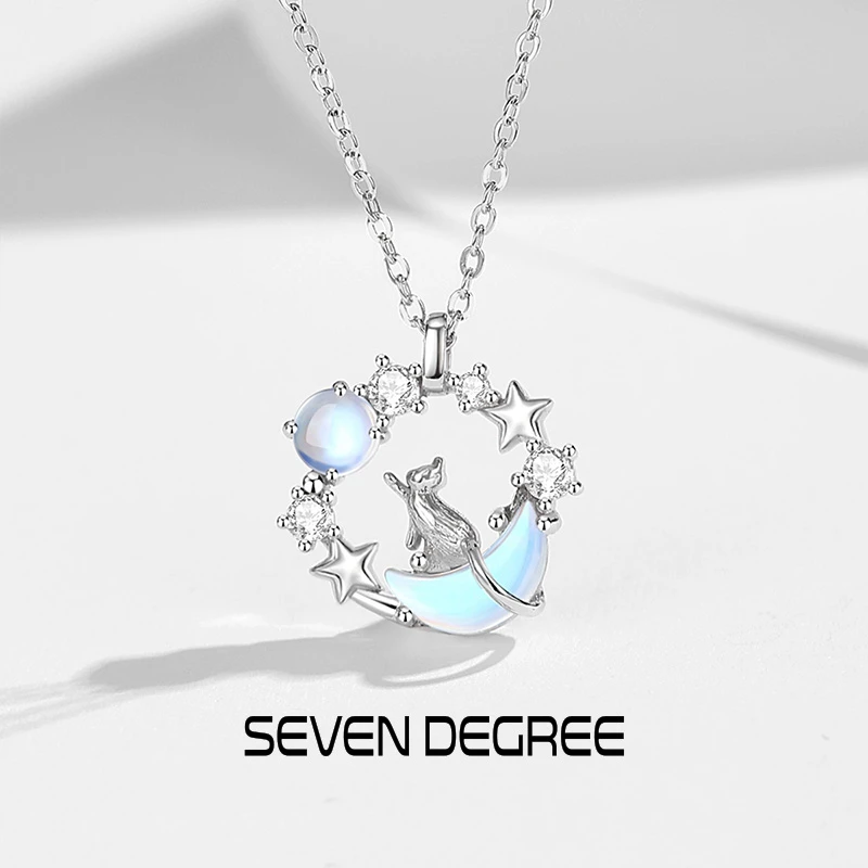 七度 坠链均925银合成锆石 女纯银气质轻奢月亮猫咪项链学生百搭