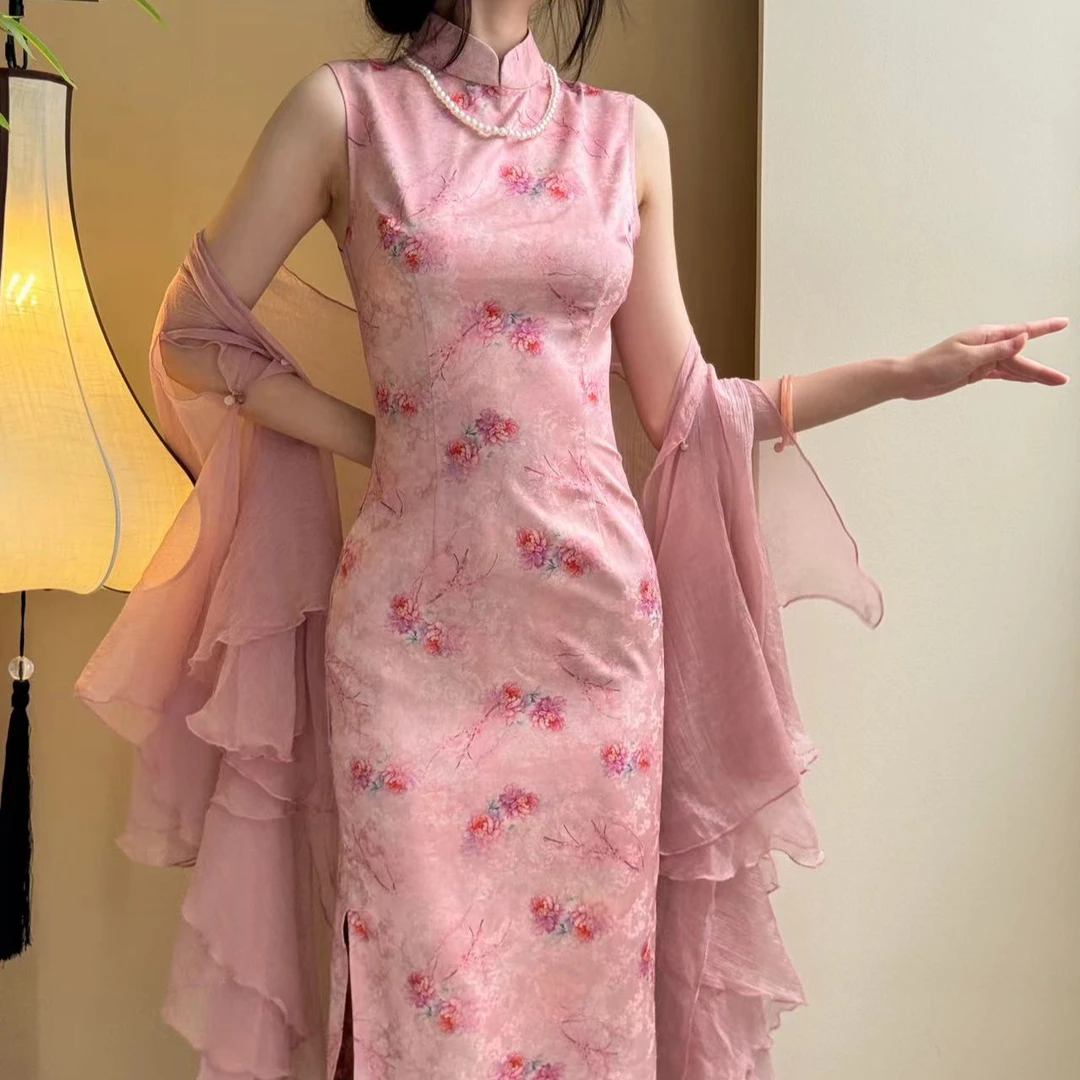 辛也东方美学 原创自制提花缎面珍珠温柔修身改良旗袍裙 粉红佳人